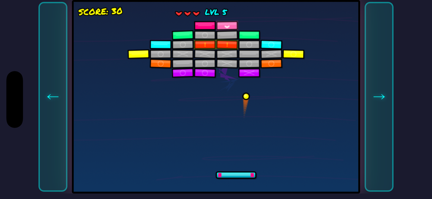 GRIND BREAKER Level mit farbigen Blockreihen und Paddle